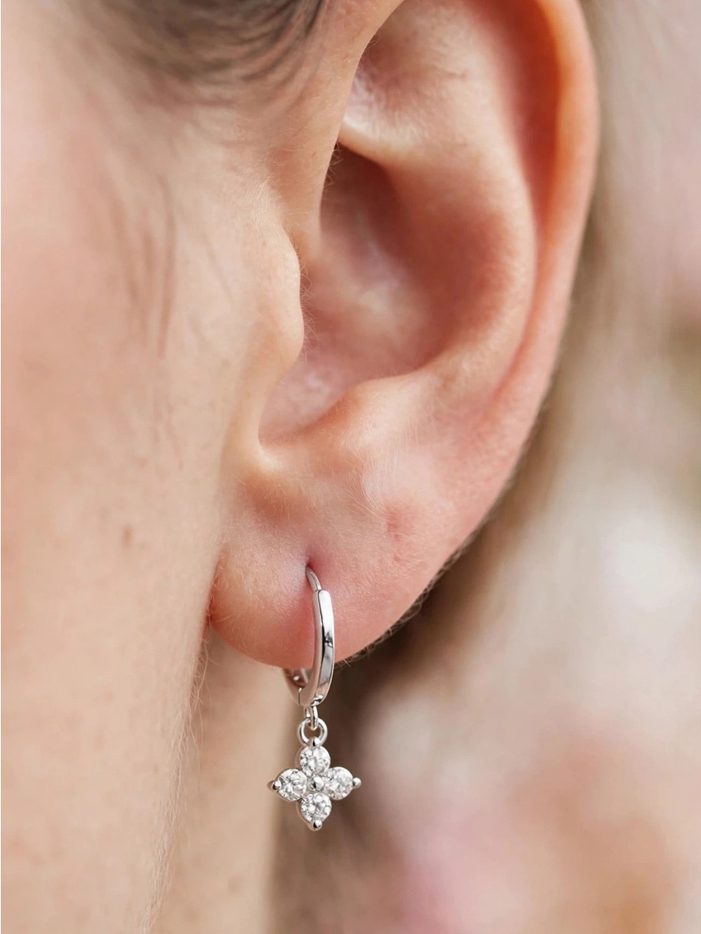 925 Sterling Silver Cubic Zirconia Flower Huggie Hoop Earrings